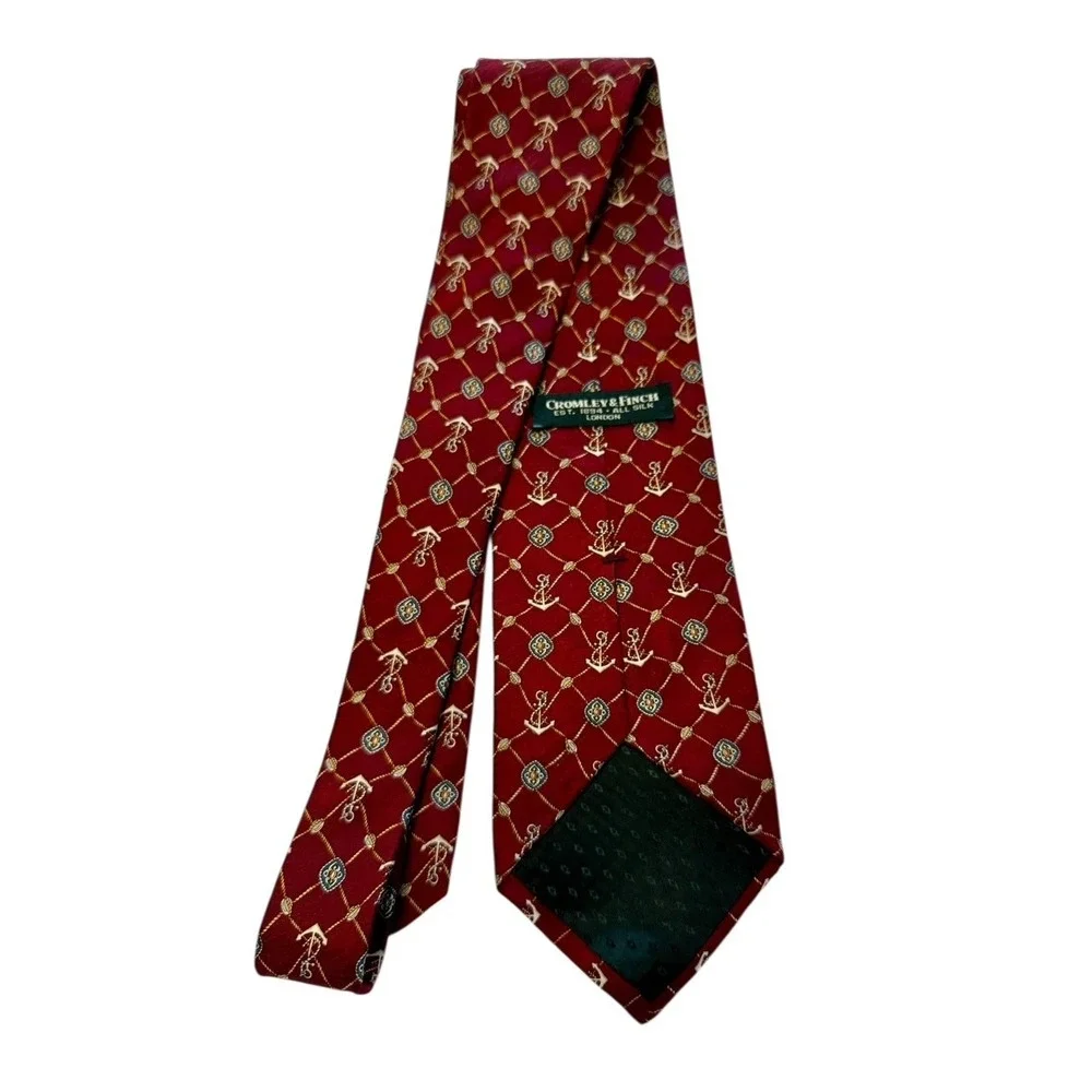 Cromley & Finch 100%‎ Silk Tie Dark Red W/Anchors & Gold Rigging Nautical 3.75